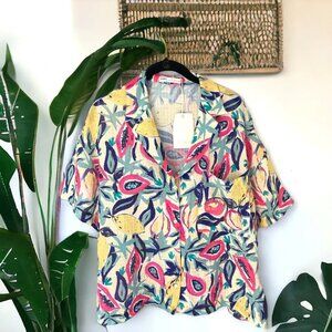 Women's Small-Medium Pull&Bear Lemon Blouse Button Front Short Sleeve Pocket